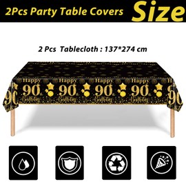 2Pcs Black Gold Happy 90th Birthday Party Table Cloth,137*274cm Plastic 90th Birthday Table Decorations for Men Women Birthday Table Cloth Disposable Tablecover for 90th Him,Her Birthday Gifts Party