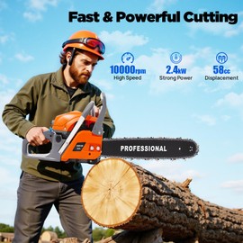 58CC 2 Stroke Gas Powered Chainsaw, 20In Handheld Petrol Gasoline Chain Saw Set, 10000RPM Single Cylinder Air-Cooled Logging Saw for Cutting Wood Outdoor Garden Farm Home, Silent&Vibration-Dampening