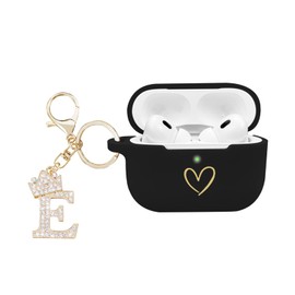 AIIEKZ Compatible with AirPods Pro 2 Case Cover 2022, Soft Silicone Case with Gold Heart Pattern for AirPods Pro 2nd Generation Case with Rhinestone Studded Letter A-Z Keychain (E)