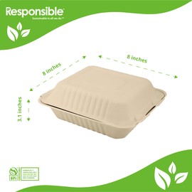 Responsible Products 8 inch Hinged Containers, Tree-Less™ Compostable Molded Fiber Takeout Containers, Extra Strength, Tree-Free and Made Without PFAS, Natural Brown (50 Count)