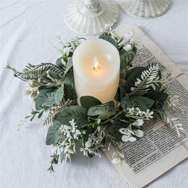 2 Pack Artificial Eucalyptus Leaves Wreaths Candle Rings Wreaths 10 Inch Small Boho Wreath Pillar Candle Holder for Wedding Home Door Tabletop Decoration (Green-2pcs)