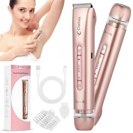 Afeitadora eléctrica 2 en 1 para mujer, recortadora de bikini de doble cabeza, IPX7, impermeable, uso húmedo y seco, recortador de vello corporal y re