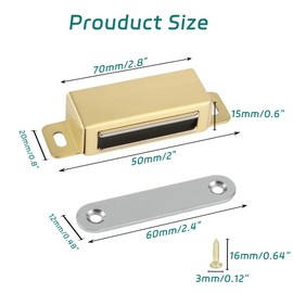 Mooche 3 Pack Cabinet Magnets for Closure, Stainless Steel Magnetic Cabinet Door Catch Strong Magnetic for Kitchen Cabinets Bedroom Wardrobe Cabinet Door Catch (Gold, 70 * 20 * 15)