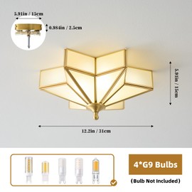 Brass Star Gold Ceiling Light - Small 12 Inch Milk Glass Flush Mount Fixture - Unique Art Deco Vintage modern Lighting Lights for Bedroom Dining Foyer Entryway Hall Hallway Outdoor Porch Fixtures