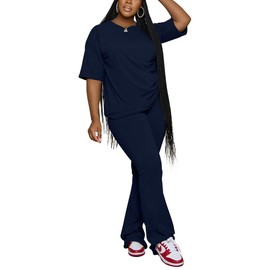 PINSV Womens Sets 2 Piece Outfits Casual Short Sleeve Top and Flare Pants Lounge Sets Tracksuit Navy Blue XL