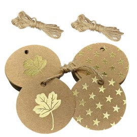 Hollmul 72PCS Kraft Paper Gift Tags with Gold Foil Star and Leaf Design - Round Labels with Jute Twine for DIY Crafts, Party Favors, and Gift Wrapping