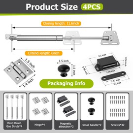 Mdkave Drop Down Gas Struts with Hings for Cabinets,Soft Close Hinge for Drop Front Desk, Secretary - Slow Closing Hydraulic Stay Lid Support(100N,4 Pack)
