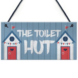 RED OCEAN The Toilet Hut Nautical Beach Theme Hanging Sign For Toilet Bathroom Home Decor