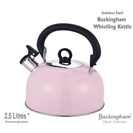 Buckingham 30811 Colour Coated Stainless Steel Camping Whistling Kettle with Heat Resistant Phenolic Handle, Pink, 2.5 Litre, 2.5 liters