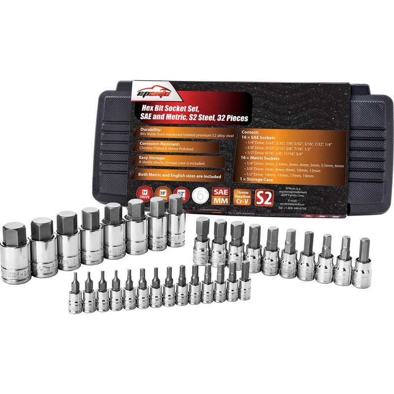 EPAuto 32 PCs Hex Bit Socket Set, SAE and Metric,