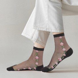 Heran Black Sheer Fancy Socks for Women, Woman Crew Lace Mesh Floral Ankle Stockings, 5 Pairs Cute Thin Dress Stockings for Women and Girls, Fun Casual Transparent Silk Socks for Spring Summer Fall