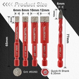 Dry Diamond Drill Bits Set - FOCSTOL 4pcs 6/8/10/12mm Diamond Hole Saw and 1pc 6mm Carbide Drill with Quick Change Hex Shank for Ceramic Porcelain Tile Marble Granite Quartz