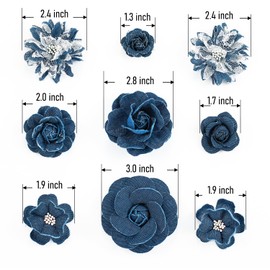 9 PCS Denim Fabric Flower Shape Patch Set，Denim Ribbon Fabric Flowers for Dresses，Denim and Flower Decorations Crafts for Party (Dark Blue)