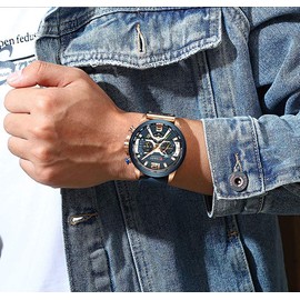 Men Sport Chronograph Quartz Watch Brown Leather Strap Date 30M Waterproof Military Male Wrist Watch (Blue Rose)