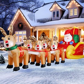 DomKom 12 FT Christmas Inflatable Outdoor Santa Claus on Sleigh with Five Reindeer, Building LED Lights, Blow Up Yard Decoration for Party Garden Lawn Winter Decor