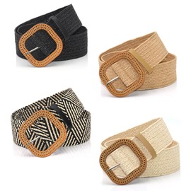 HMIEPRS Pack of 4 Straw Woven Belt with Buckle, Braided Straw Belt, Elastic Waist Belt, Women's Braided Boho Vintage Braided Belt, Stretch Bohemian Waist Belt, Black, beige, camel, stripes