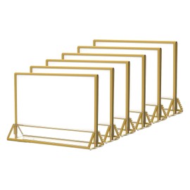 NIUBEE - Paquete de 6 soportes horizontales de acrílico transparente de 7 x 5 pulgadas con bordes dorados, soportes de menú de mesa de doble cara para números de mesa de boda, carteles de restaurante