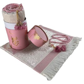 Imani Aksa Muslim Gift Set - (Prayer Mat, Tasbih, Misvak)-Seccade-Prayer Mat - Muslim Prayer Mat - Islam-Ramadan, Eid Hajj, Umrah, Wedding, Birth, Mevlid (Pink Ramadan)