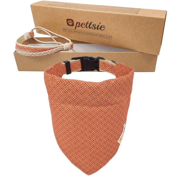 Pettsie Dog Bandana with Collar and Friendship Bracelet, Adjustable Sizes S, M, and L, Removable Bandana Cloth, Gift Box, Dog Lovers, S, Orange