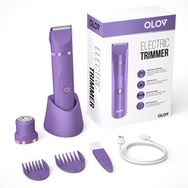 OLOV Electric Body Hair Trimmer - Groin Trimmer for Men - Bikini Trimmer Women - Wet/Dry Shaver Groomer, Replaceable Ceramic Blade Heads, USB Recharge Dock, Waterproof Hygiene Razor, Bright Purple
