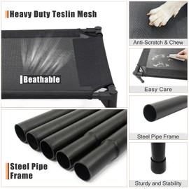 Garnpet Elevated Dog Bed for Large Dogs, Raised Dog Cot Fits Up to 120 LBs, Heavy Duty Pet Cots with Durable Supportive Teslin Recyclable Washable Mesh, Indoor & Outdoor Pet Bed, Black