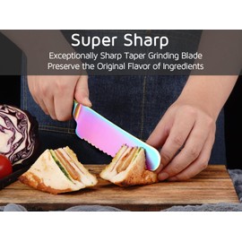 WELLSTAR Sandwich Knife, 6 inch Serrated Utility Knife High Carbon Stainless Steel Blade for Bread Vegetable Meat Cutting, Butter Spreader Knife - Rainbow