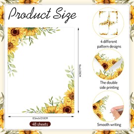AnyDesign 48 Sheet Sunflower Border Stationery Writing Paper Watercolor Sunflower Letterhead Paper Floral Border Greeting Paper for Wedding Party Invitations School Printing, 8.5 x 11 Inch
