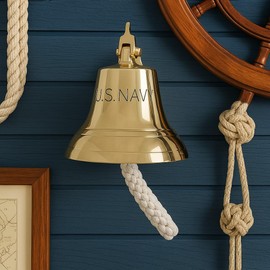 Gold Brass U.S. Navy Engraving 8-Inch Nautical Wall Mounted Bell with Knotted Lanyard – Solid Brass Ship Bell with Mounting Hardware – Maritime Decor for Home, Office, or Outdoor Use