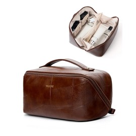 Yikisite Travel Makeup Bag, Women's Open Flat Cosmetic Bags, Waterproof Portable Pouch Toiletry Bag Waterproof Travel Essentials Organizer with Divider (Brown)