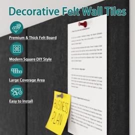 Uoisaiko Felt Cork Board for Wall: Extra Large Bulletin Board for Office - 0.5 Inch Thick Corkboard Tiles 6 PCS Black Pin Board Squares Adhesive