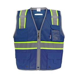 Global Glove FrogWear Enhanced Visibility Surveyors Safety Vest, Lightweight and Breathable Zipper Closure, 6 Pockets, Blue, Small