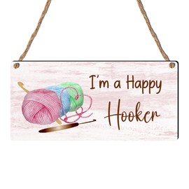 "I'm a Happy Hooker" Plaque - Humorous Crochet Sign for Craft Lovers and Crochet Enthusiasts - Rustic MDF Wood Plaque with Twine Hanger for Indoor Decor