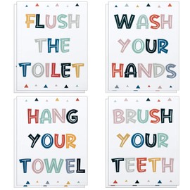 PAGOW 8PCS Kids Bathroom Decor, Washroom Rules Decoration Set, Colorful Inspirational Words Painting for Toilet Wall Sticker（Unframed）