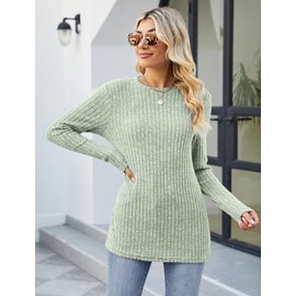 Famulily Crew Neck Jumpers for Ladies Winter,Longline Sweatshirt Lightweight Knitted Long Sleeve Pullover Tops (L, Green)
