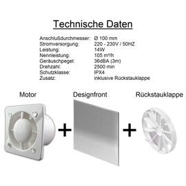 WTI100S Stainless Steel Bathroom Fan with Backflow Flap Diameter 100 mm Fan Front Wall Fan Bathroom Fan Built-in Fan Bathroom Kitchen Quiet 10 cm