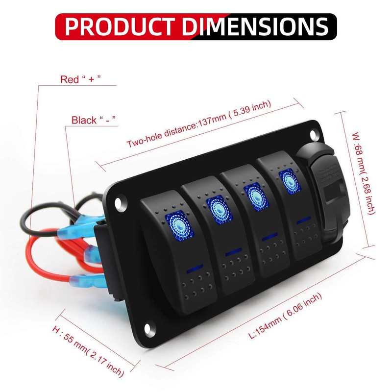 Purishion 4 Gang Rocker Switch Aluminum Panel with Voltmeter &