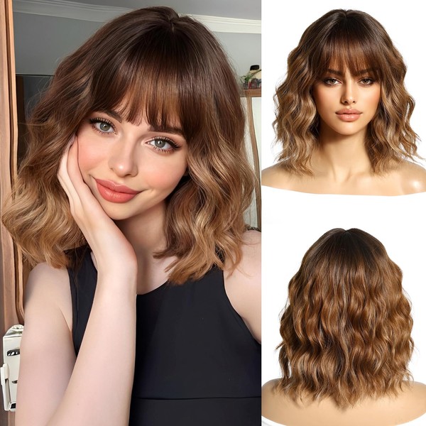 OUFEI Brown Wigs for Women Short Wavy Wig With Bangs