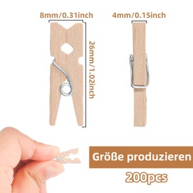 Pack of 200 Mini Clothes Pegs, 26 mm Small Wooden Pegs, Tiny Clothes Pegs for Photos, Push Pin Clothes Pegs for Classroom & Wooden Nails for Wall Hanging Pictures, Small Clothespins
