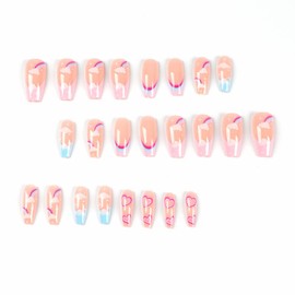 MERVF Coffin Press on Nails Long Fake Nails Pink French Tip Ballerina Acrylic Nails with Cute Rainbow Designs Colorful Glue on Nails 24pcs Glossy for Women
