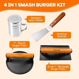 Smash Burger Press Kit for Griddle, 4 in 1 Heavy-Duty Cast Iron Round Burger Smasher & Rectangle Grill Press Meat Steak Weight for Bacon, Paninis, Hamburger, Sandwich, with Spatula & Seasoning Shaker