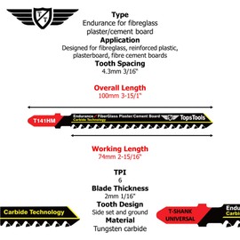 5 x TopsTools JSTT141HM T141HM 100mm Long Glass Fibre Cutting Jigsaw Blades Compatible with Bosch, Dewalt, Makita, Milwaukee and many more
