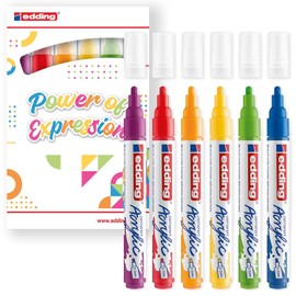 edding 5100 acrylic marker medium - basic colours - 6 waterproof acrylic paint marker - round nib 2-3mm - acrylic paint pen for drawing on canvas, art paper and wood - acrylic markers for pebbles