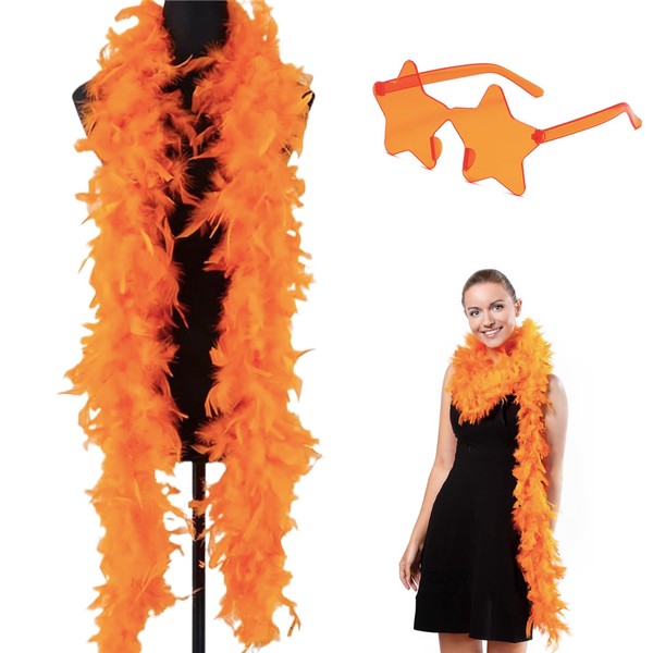 2 Pcs Orange Feather Boas with Rimless Star Shape Sunglasses,6.6ft Feather Boa for Girls Women Dress up Costume Dancing Wedding Party,Party Feather Boas Sunglasses Set for Bachelor Party Supplies