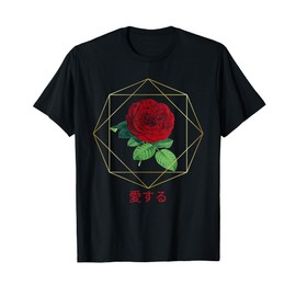 Vintage Red Rose, Geometric Gold Frame, Aesthetic, Japanese T-Shirt