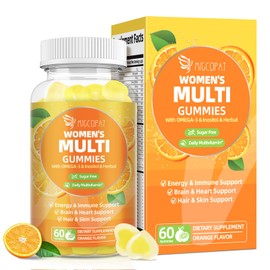 Migcopat Multivitamin Gummies for Women w/Omega-3, Inositol, Folate, Biotin, Women Multivitamin Gummy w/Vitamins A, C, D3, E, B12 for Heart, Brain, Energy, Immune, Sugar Free, Orange Flavor, 60 Ct