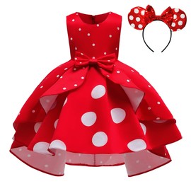 Lito Angels Minnie Red and White Polka Dot Fancy Dress Up Costume with Mouse Ears Hair Hoop for Kids Girls Birthday Christmas Party Outfits Age 8-9 Years