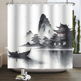 SDOTPMT 140 x 180 cm Japanese Asian Ink Painting Shower Curtain Foggy Mountain Boat Wild Goose Bath Curtain Outdoor Natural Landscape Bathroom Curtain for Bathroom Decor with Hooks