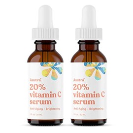 ASUTRA 20% Vitamin C Serum, 1 fl oz (Pack of 2) - Ferulic & Hyaluronic Acid, Vitamin E, Aloe, Jojoba, Brightening Face Serum
