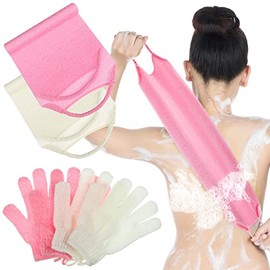 4 Paquetes Juego de 2 Pares Guantes Exfoliantes de Baño 2 Depuradores de Espalda de Nailon Depurador Corporal Exfoliante Toallita con Correa de Ducha 