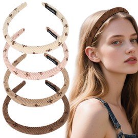 KIUEZIR 4 Packs Bow Print Knitted Headbands for Women and Girls - Breathable Soft Elastic Hairbands, Non-Slip Comfy Hair Accessories for Picnics, Dates, Workouts & Daily Wear (Stylish Thin Design)